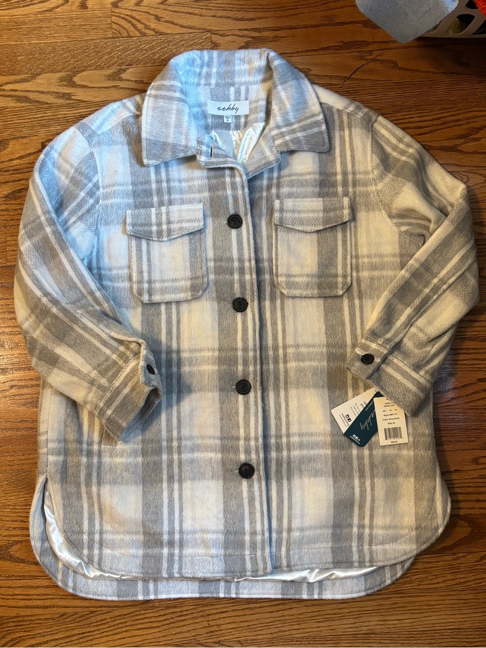 NWT Sebby Plaid Shirt Jacket Shacket Gray White Wool Blend Women's XL